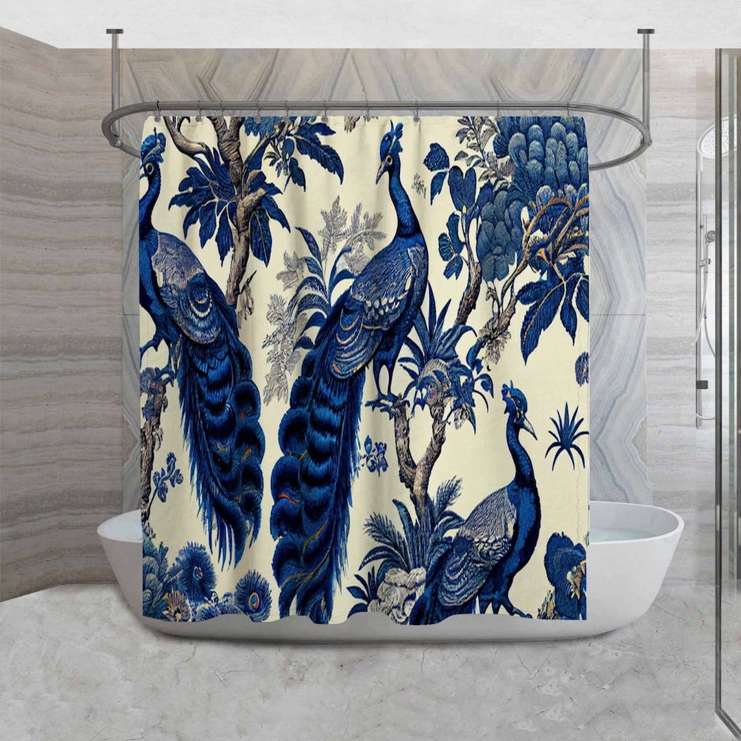 Peacock Shower Curtains Birds on Trees Shower Curtain Blue Toile Decor