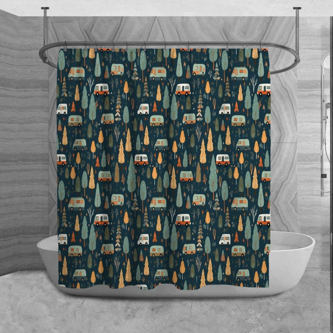 Camping Shower Curtain, Forest Trees Bathroom Decor, Green and Yellow