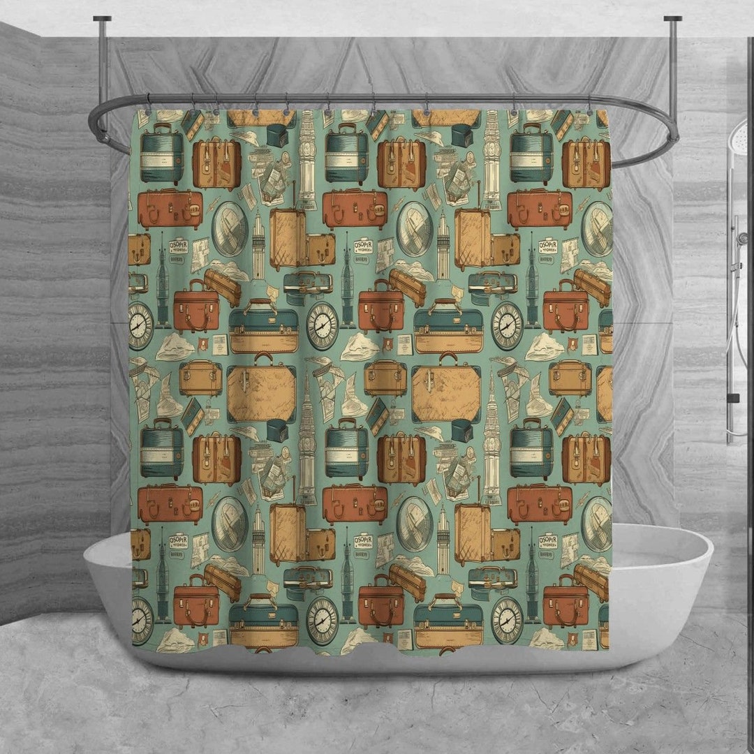 Travel Shower Curtain, Geography Bathroom Decor, Brown and Green Bath