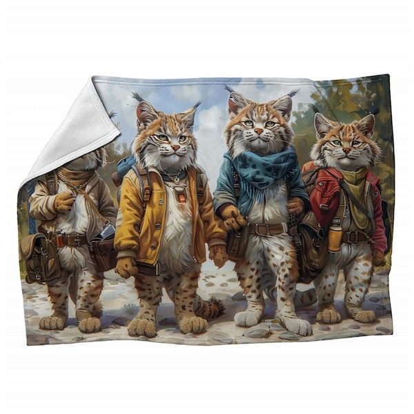 Lynx Adventurers Blanket, Artwork Blankets, Outdoor Exploration Sherpa Blanket, Illustration Throw Blanket, Modern Home Decor