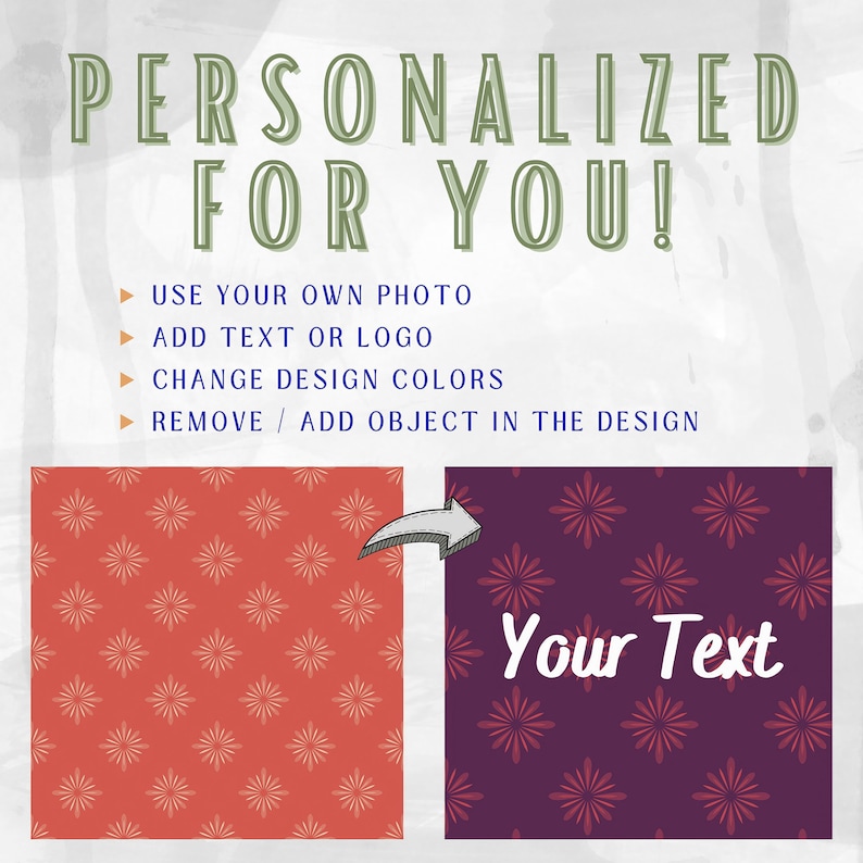 May include: A customizable design template with two different patterns. The left side shows a red pattern with white flowers. The right side shows a purple pattern with white flowers and the text "Your Text".