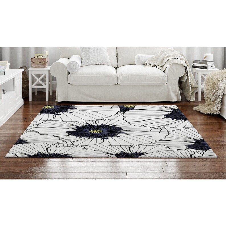 Black And White Floral Rugs White And Black Floral Area Rug Etsy