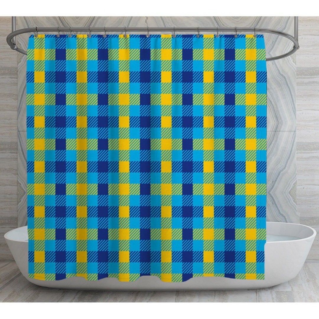 Blue and Yellow Shower Curtains Checkered Shower Curtain Blue Etsy UK