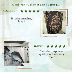 May include: Two customer reviews for shower curtains. The first review is from Adrian B. who gives a five-star rating and says "It looks amazing, I love it!" The second review is from Karen who gives a five-star rating and says "The seller responded quickly and was very nice!"