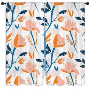 Orange Floral Window Curtains Floral Curtains Blue And Orange Curtains Customized Curtains Orange Floral Pattern Window Curtains Custom