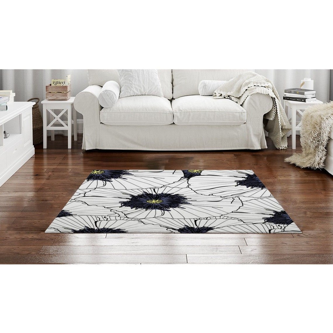 Black And White Floral Rugs White And Black Floral Area Rug Etsy