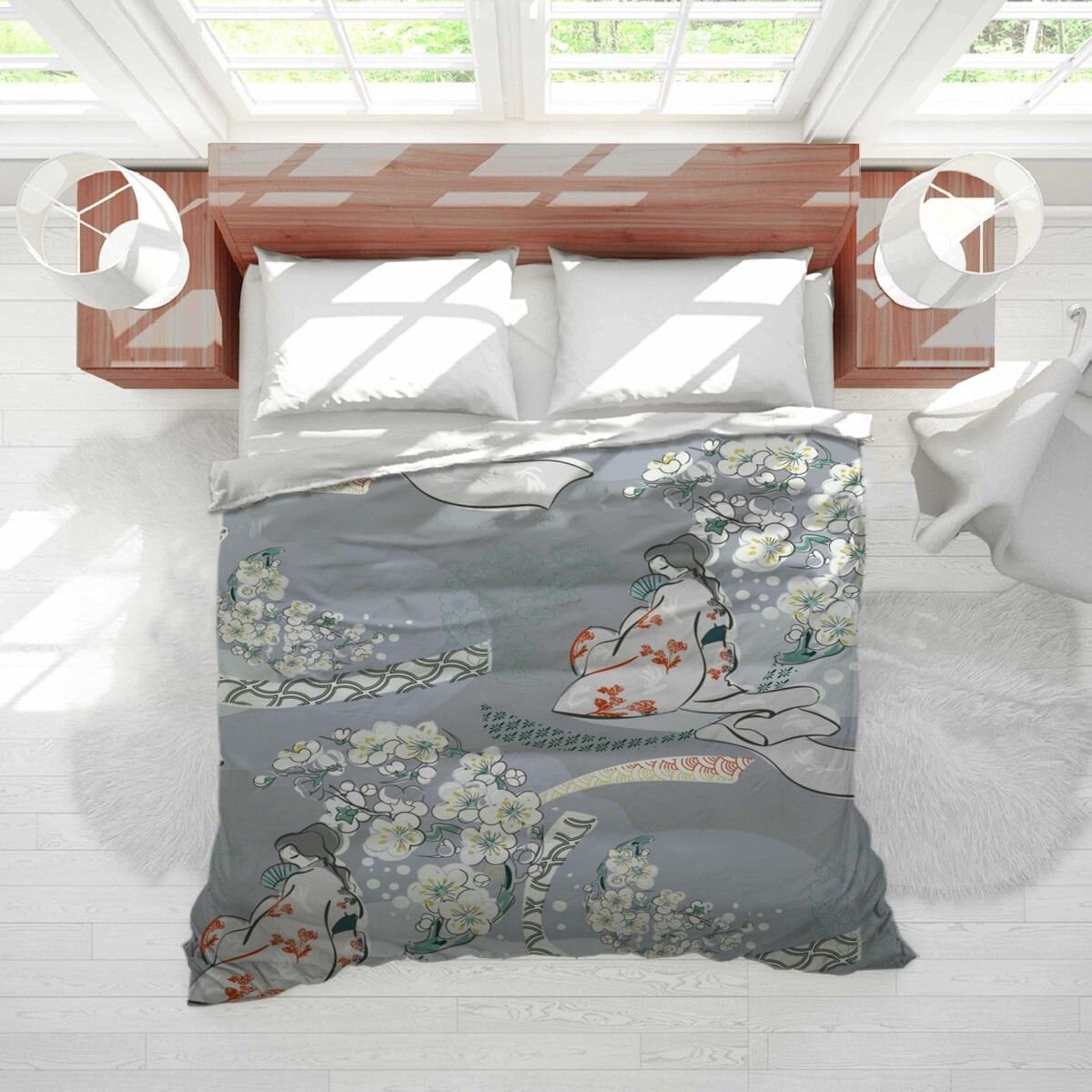 Japanese Comforter Japanese Bedding Girl In Kimono Floral Etsy