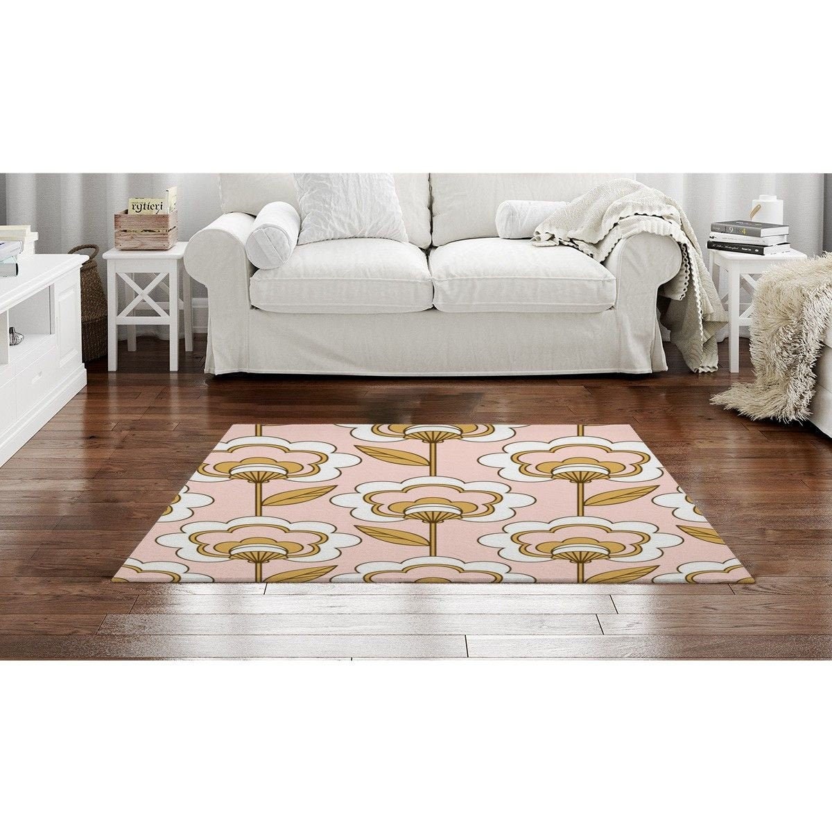 Pink White And Gold Art Floral Rug Pink And Gold Area Rug Etsy