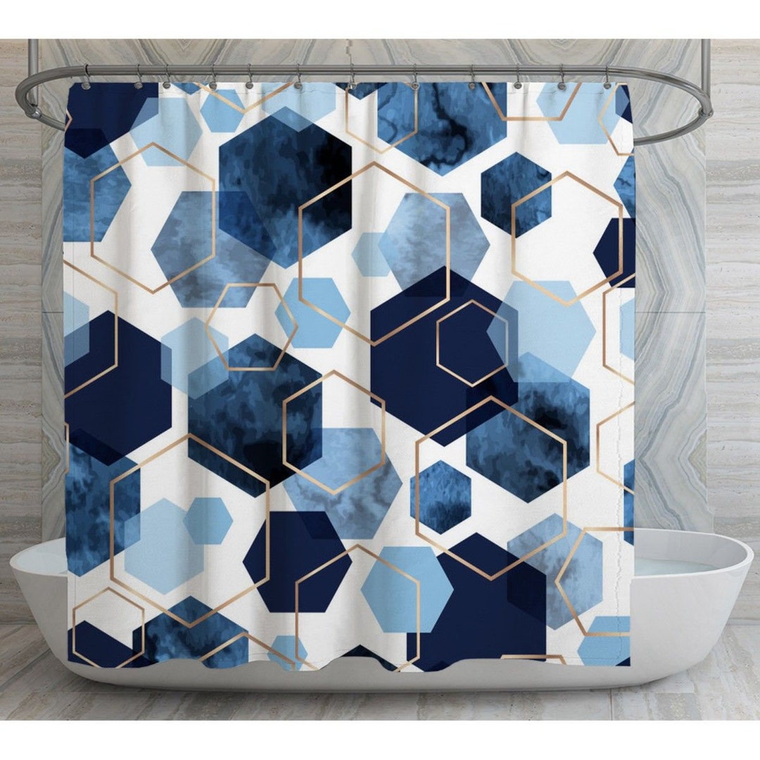 Classic Geometric Shower Curtains Blue and Gold Shower Curtain Hexagon Pattern Shower Curtain