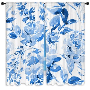 Blue Floral Curtain Panel Roses Drapes Blue And White Curtains Personalized Curtains Watercolor Roses Pattern Curtain Panel Custom Size