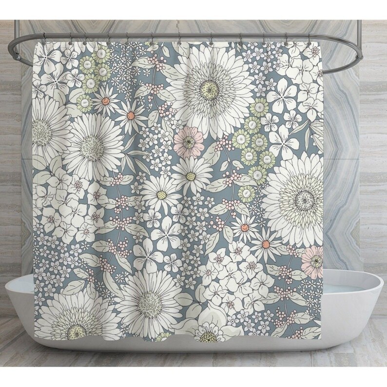 Gray Floral Shower Curtains Floral Bathroom Decor Botanical Etsy