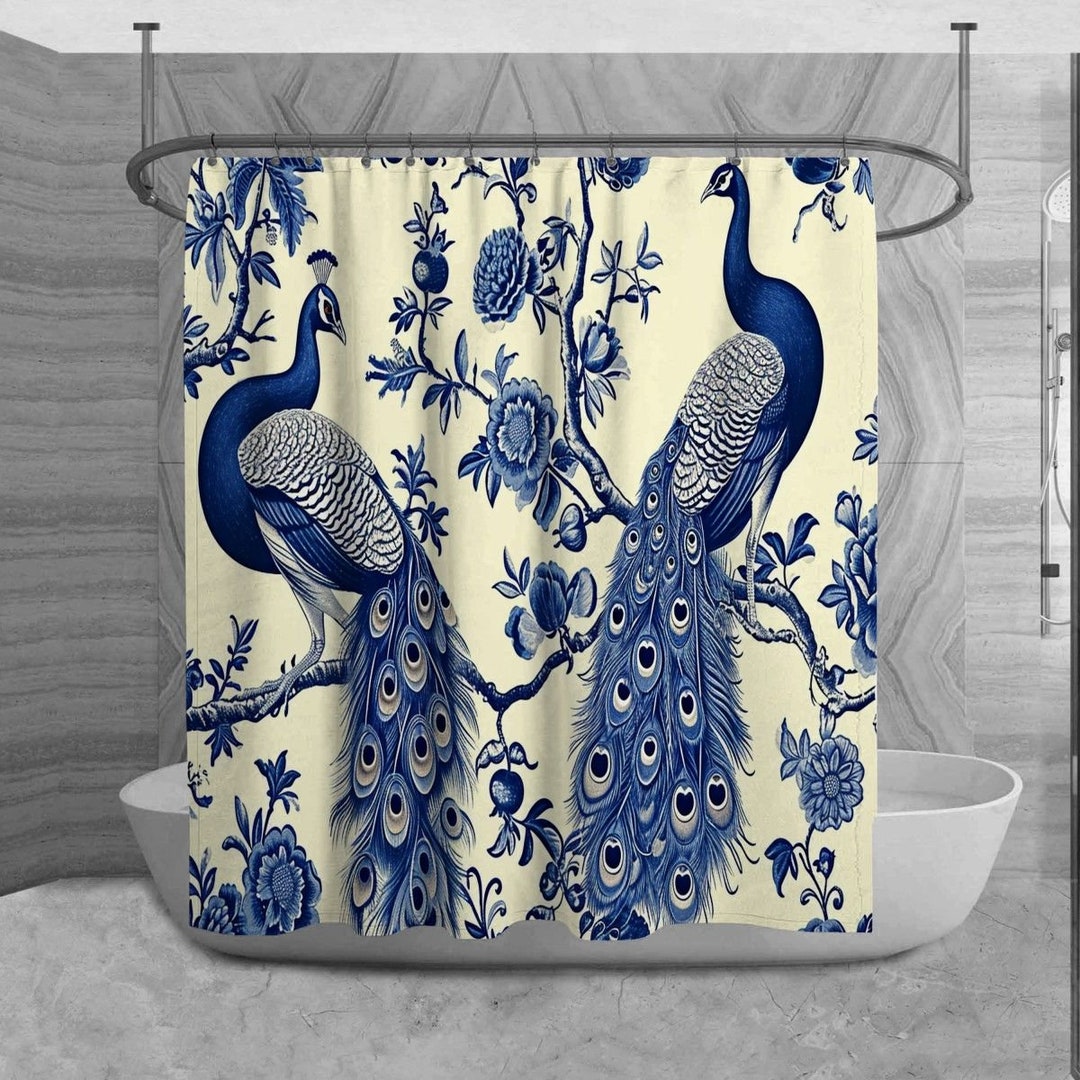 Peacock Shower Curtains Birds on Trees Shower Curtain Blue Toile Decor Oriental Bathroom