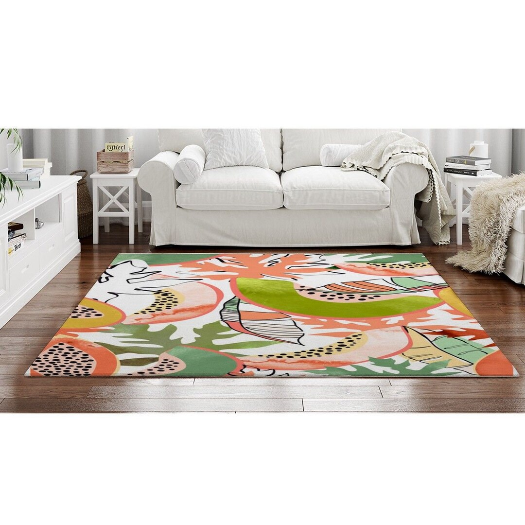 Papaya Rugs Papaya Slices and Leaves Area Rug White Green and Etsy