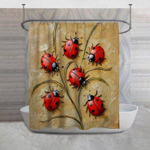 May include: A shower curtain featuring a textured background with a painted design of six red ladybugs with black spots. The ladybugs are arranged around a stylized plant with green leaves.