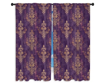 Purple Window Curtains Vintage Curtains Purple Damask Pattern Drapes Damask Curtains Purple Drapes Purple Curtain Panels