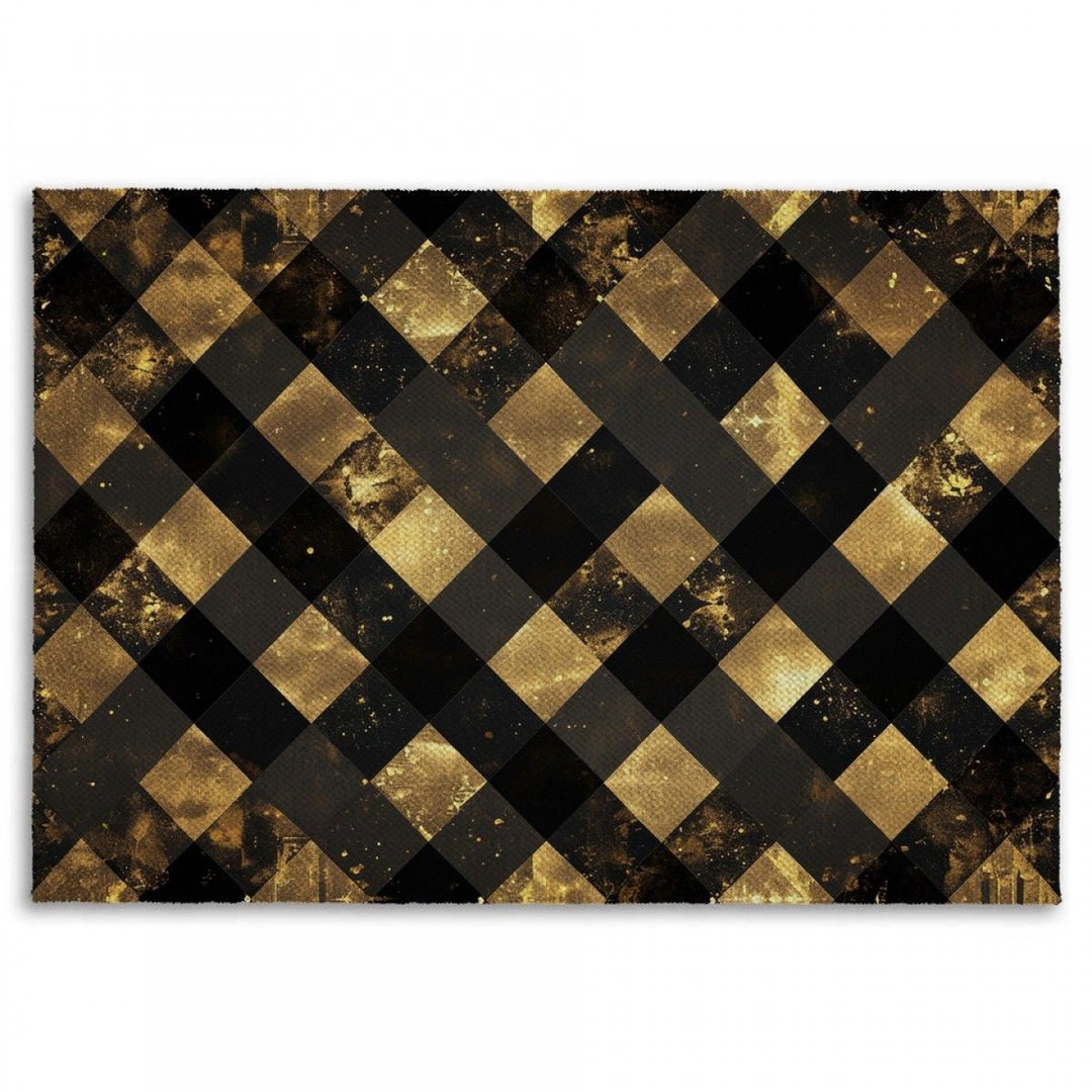 Distressed Black and Gold Diamond Rug: Modern Checkered Carpet - Etsy