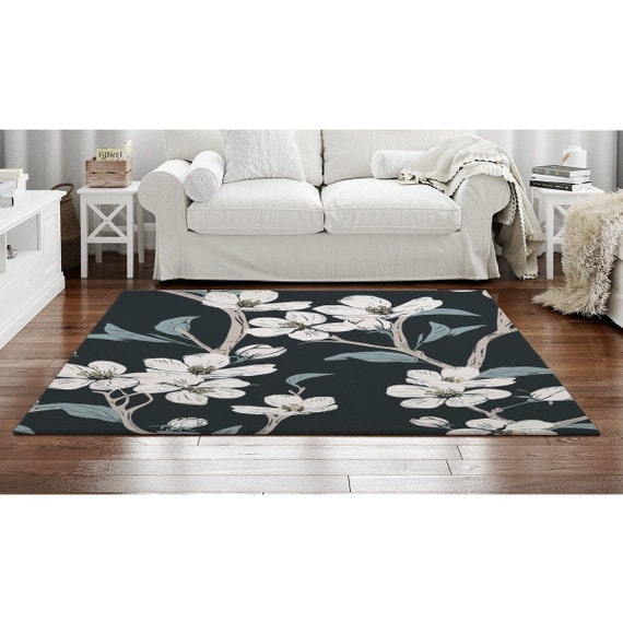 Black and White Floral Rug Black and White Floral Area Rug Etsy
