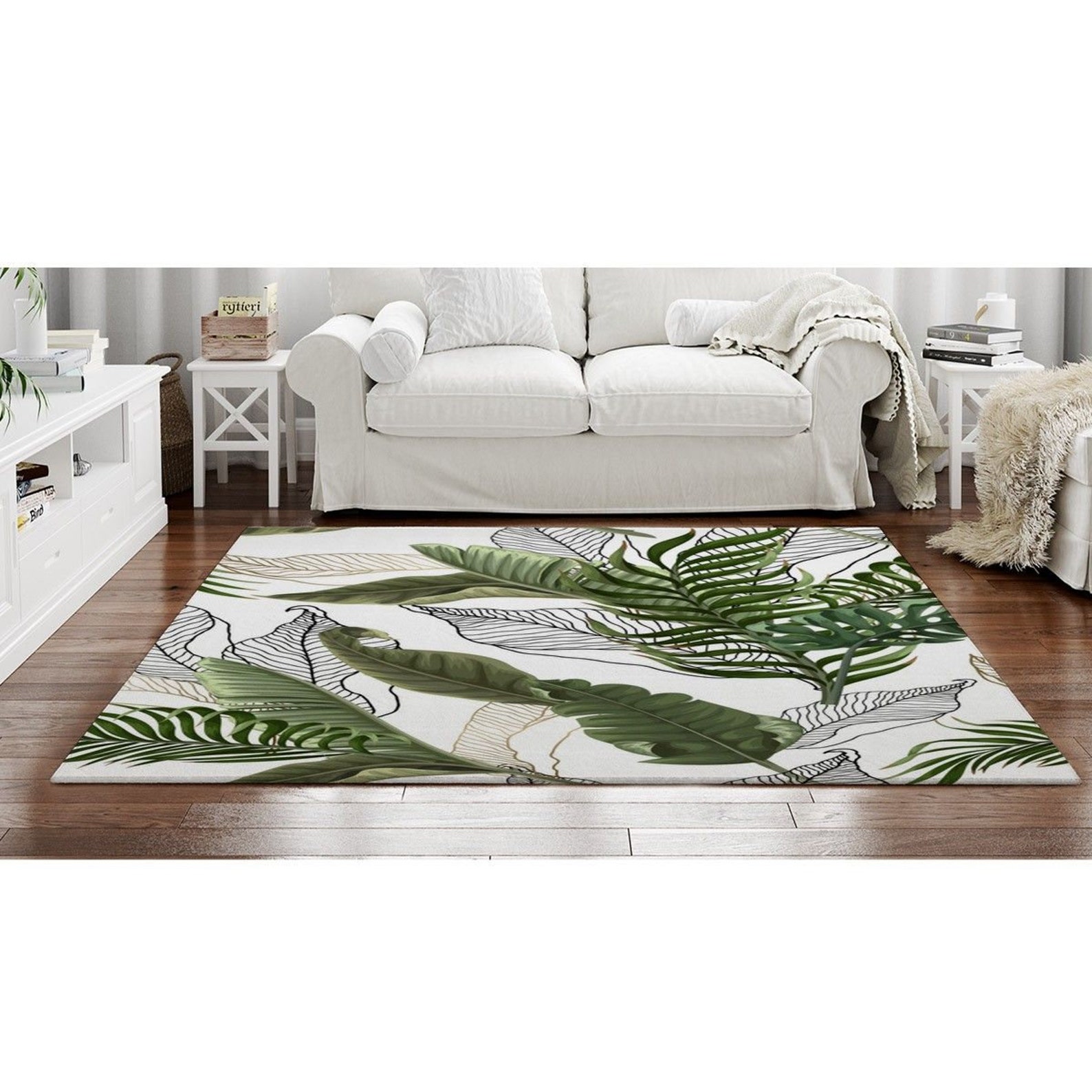 Botanical Rugs Tropical Leaves on White Area Rug Green White Etsy