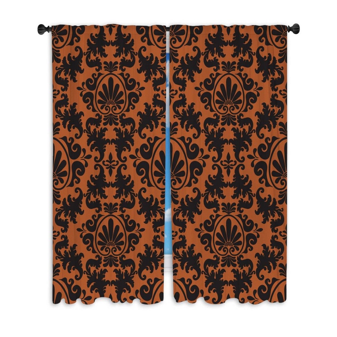 Black And Orange Damask Window Curtains Damask Pattern Etsy