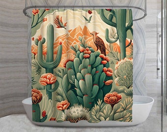 Desert Design With Cactus Shower Curtains  William Morris Style Shower Curtain Green And Orange Decor Artistic Bathroom Southwestern