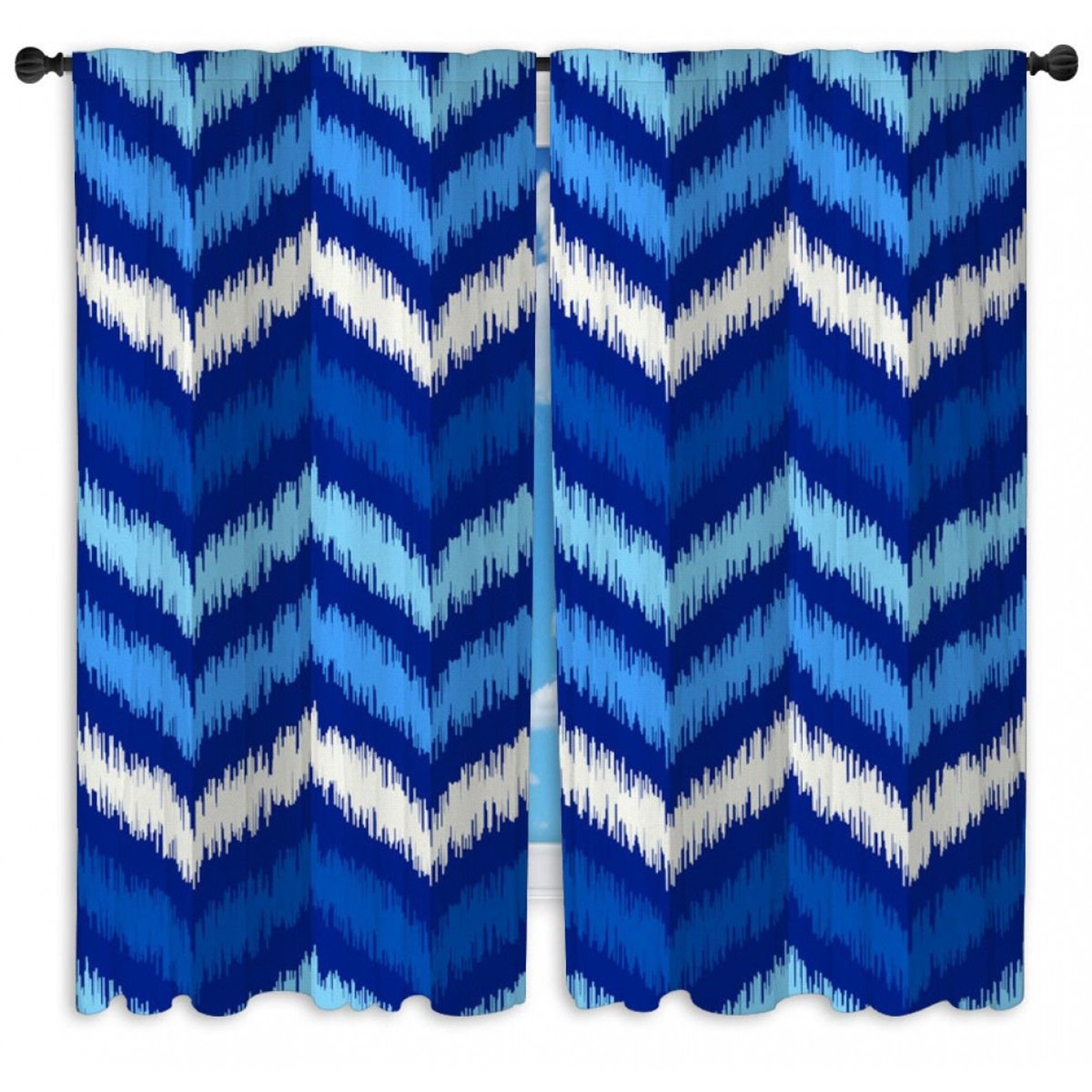 Blue Ikat Window Curtains Ikat Pattern Drapes Blue Curtains Etsy