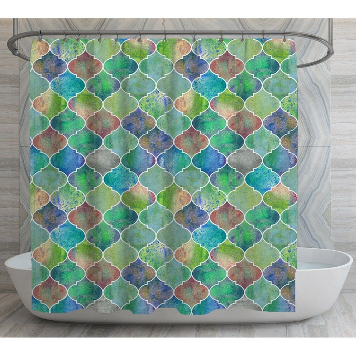 green geometric shower curtain