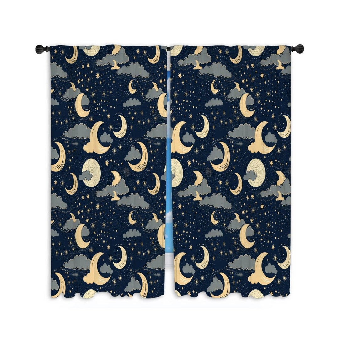 Moon Window Curtain, Night Sky Curtains, Stars Curtain Panel, Clouds