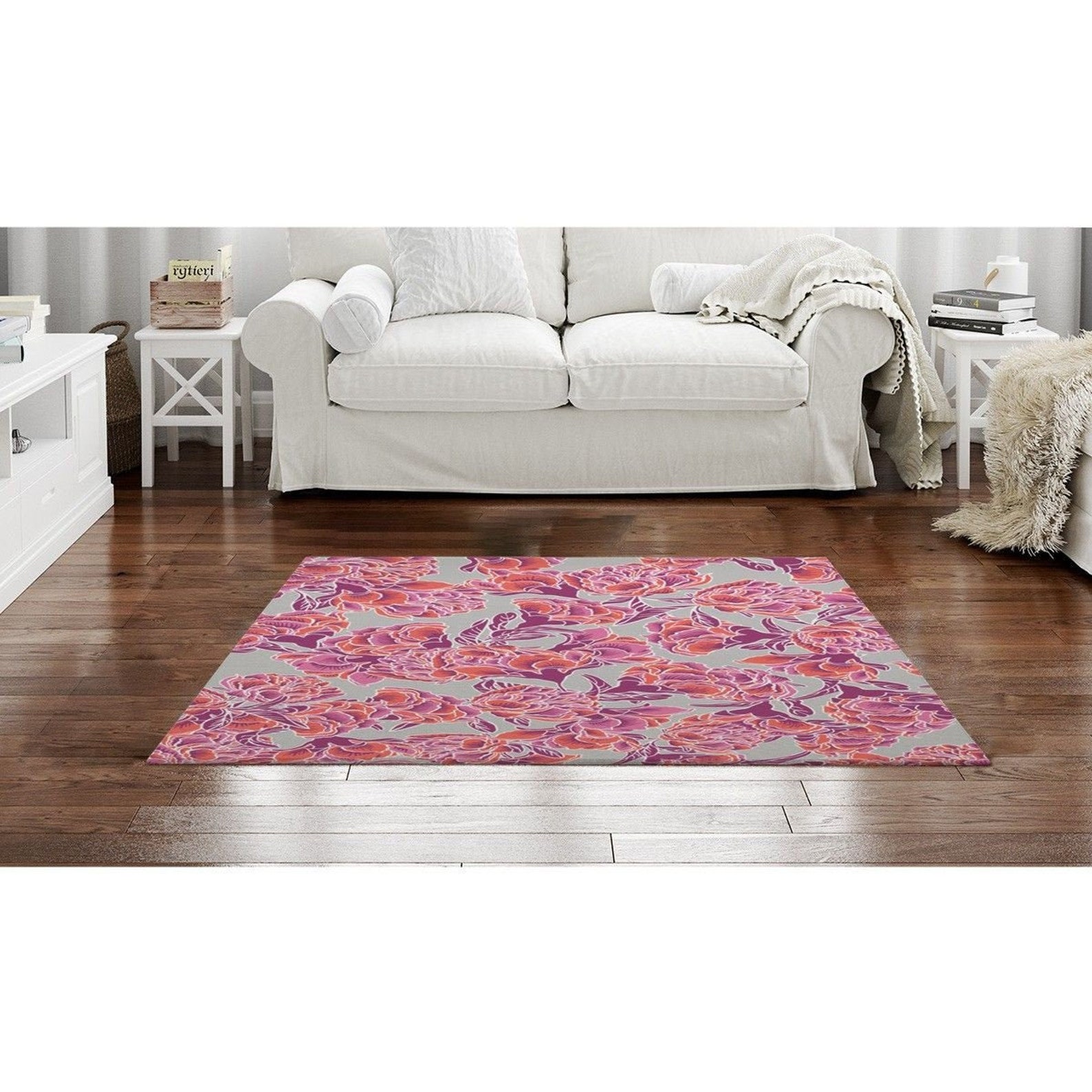 Grey And Pink Rugs Pink Floral Rug Grey And Pink Chinoiserie Etsy