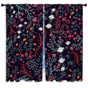 Flower Curtain Panel Floral Window Curtains Black Drapes Custom Sizes Botanical Curtains Floral Drapes Nature Curtains Red Curtains