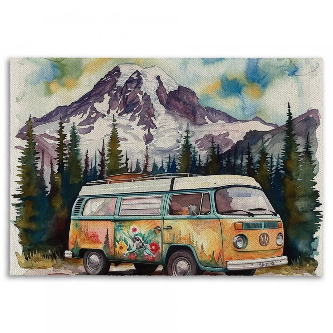 Floral Camper Van Rug: Retro 60s Mountain Landscape Floor Mat - Etsy