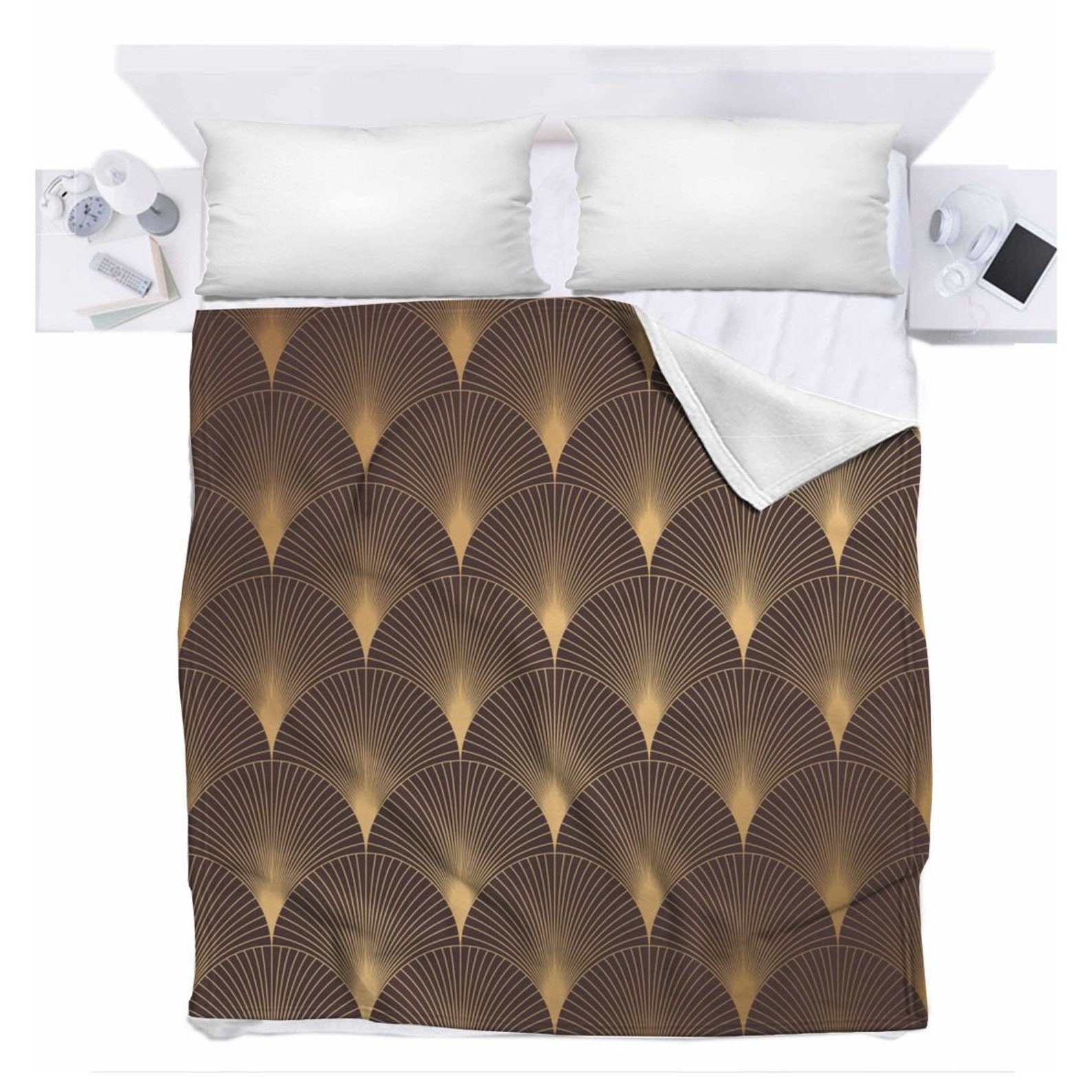 Brown Bedding Art Deco Bedspread Art Deco Blanket Gold And Etsy
