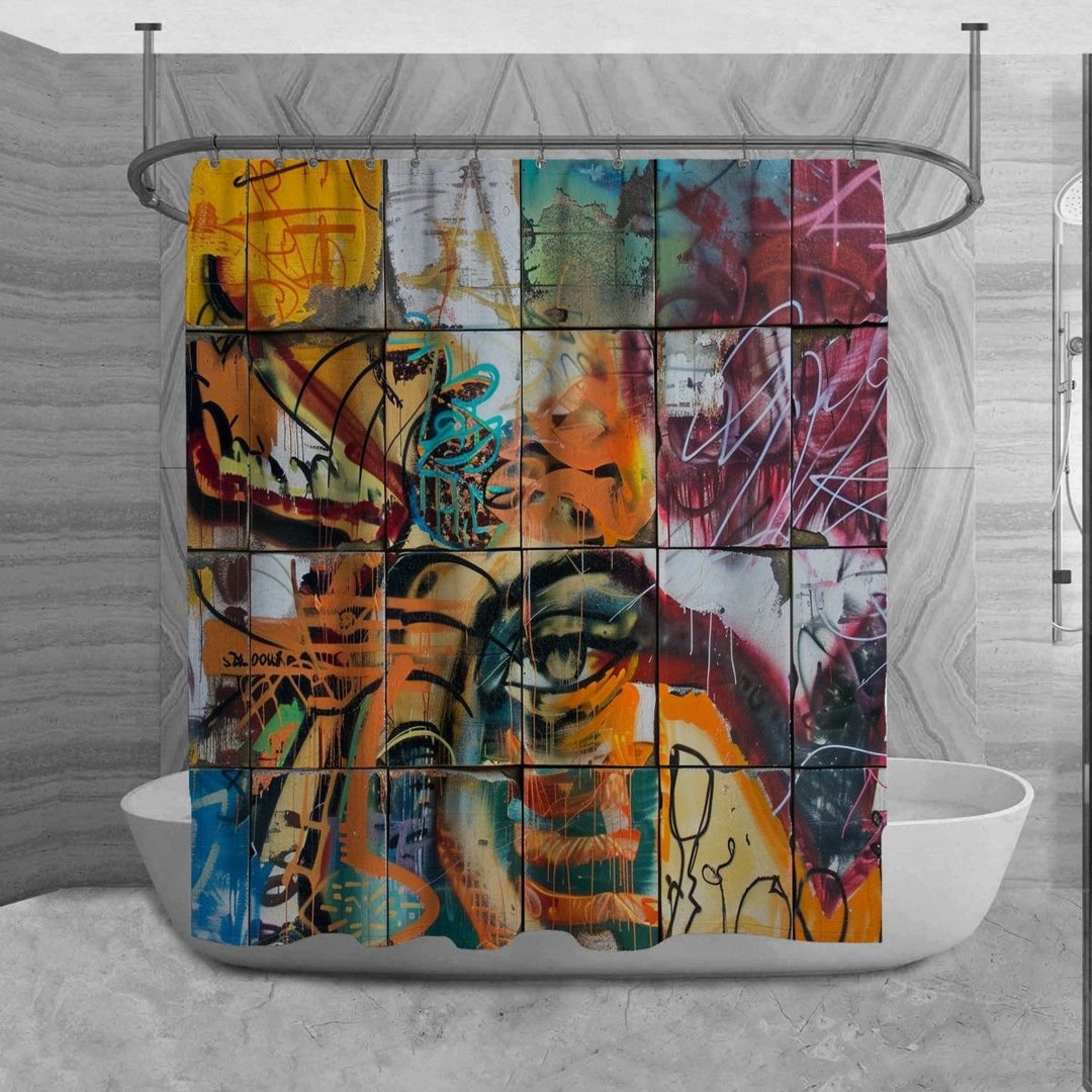 Graffiti Shower Curtain, Urban Bathroom Decor, Street Bath Mat, Edgy ...