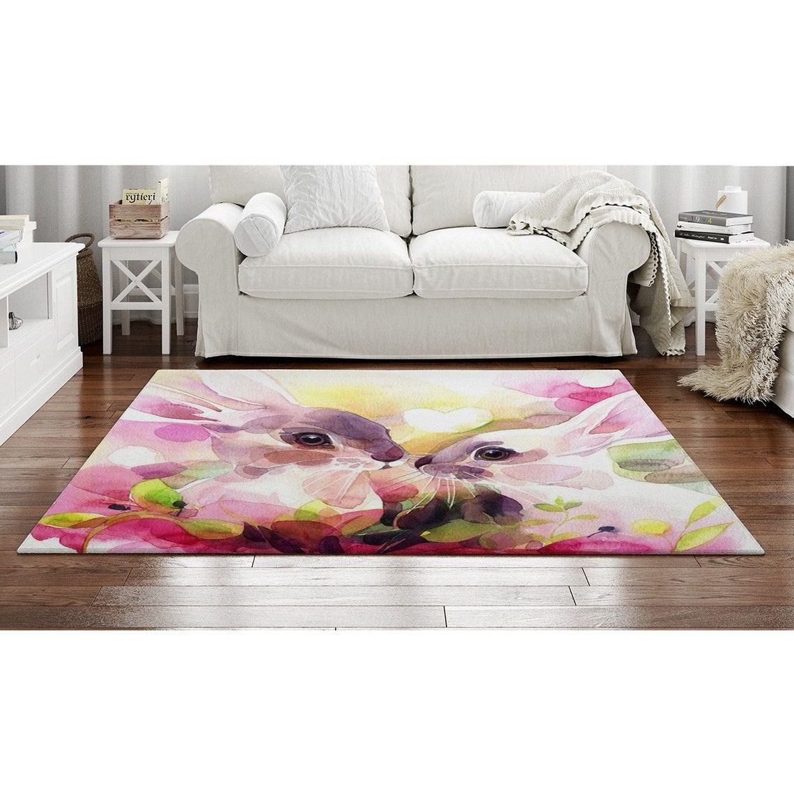 Rabbit area rug rabbit rug bunny rug watercolor area rug Etsy