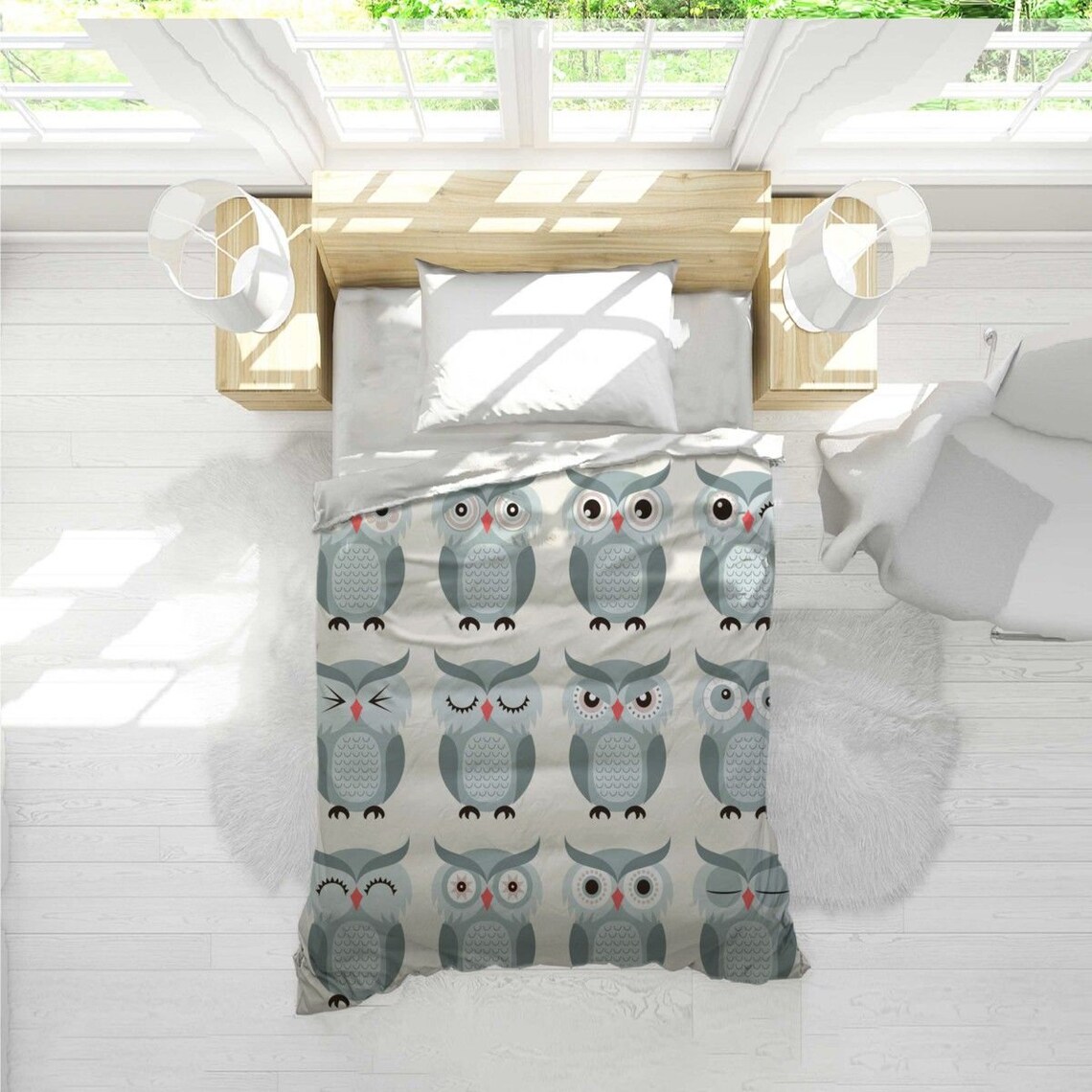 Owl Comforters Cute Grey Owls Bedding White Bedspread Gray Etsy