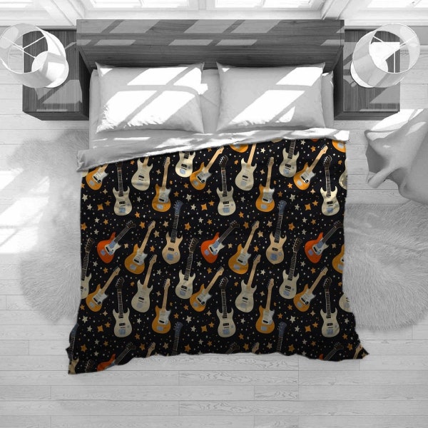 Rock N Roll Bedding, Guitar Bedding Set, Superstar Comforter, Electric Guitar Duvet Cover, Musician Home Decor