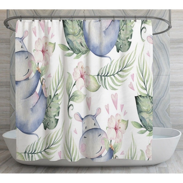 Hippo Shower Curtain Hippo And Leaves Bathroom Curtain Cute Animal Shower Decor White Blue And Green Bathroom Decor Kids Bathroom