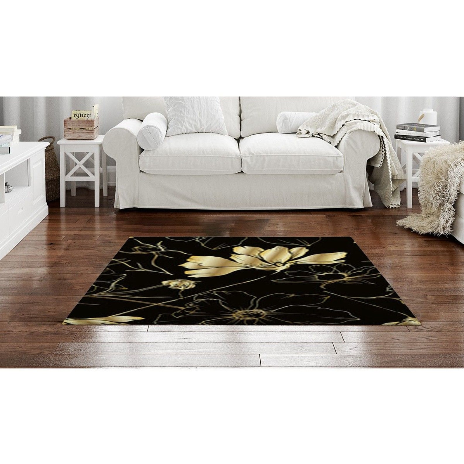 Black And Gold Area Rug Black And Gold Rug Floral Accent Etsy