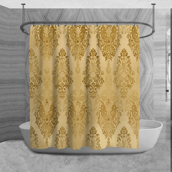 Vintage Damask Print Shower Curtains French Gold Pattern Bath Curtain Damask Bathroom Decor Fleur De Lis Bath Curtain Classic Bath Decor