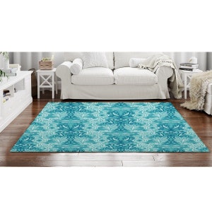 White Seahorse And Damask Rug Artsy Blue Ocean Area Rugs Turquoise And White Living Room Floor Decor Sea Life Themed Floor Mats