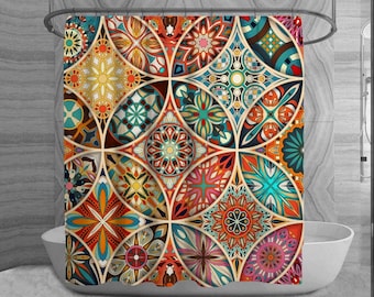 May include: A colorful shower curtain with a geometric pattern of overlapping circles and floral designs in shades of red, orange, yellow, blue, green, and purple.