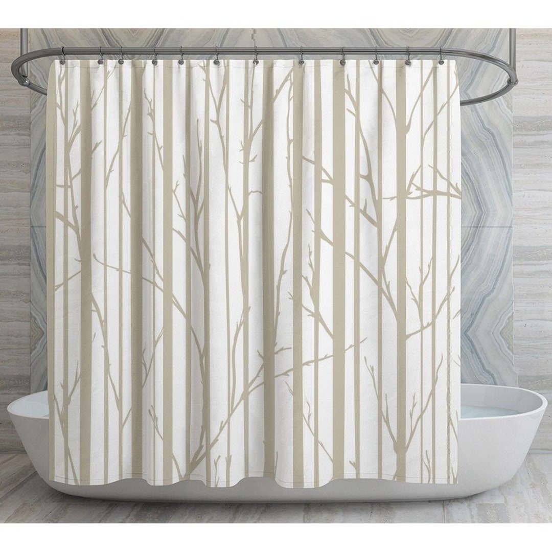 Birch Tree Shower Curtain Trees Shower Curtain White and Beige Bathroom