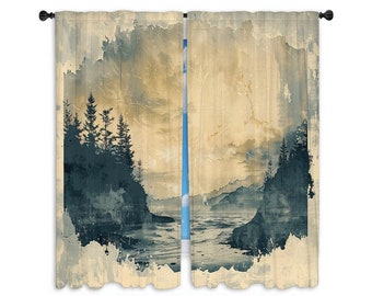 Mountains Window Curtain, Nature Curtains, Misty Curtain Panel, Painterly Window Treatment, Rustic Home Decor