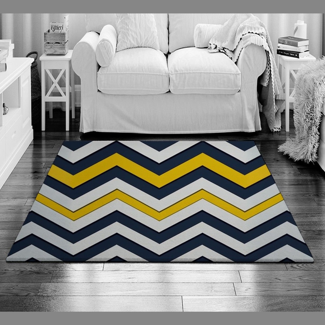 Chevron Rug Modern Decor Large Rug Navy Living Room Rug Yellow Etsy