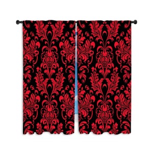 Damask Window Curtains Abstract Baroque Curtain Panels Black And Red Drapes Dark Drapery Vintage Style Window Treatments