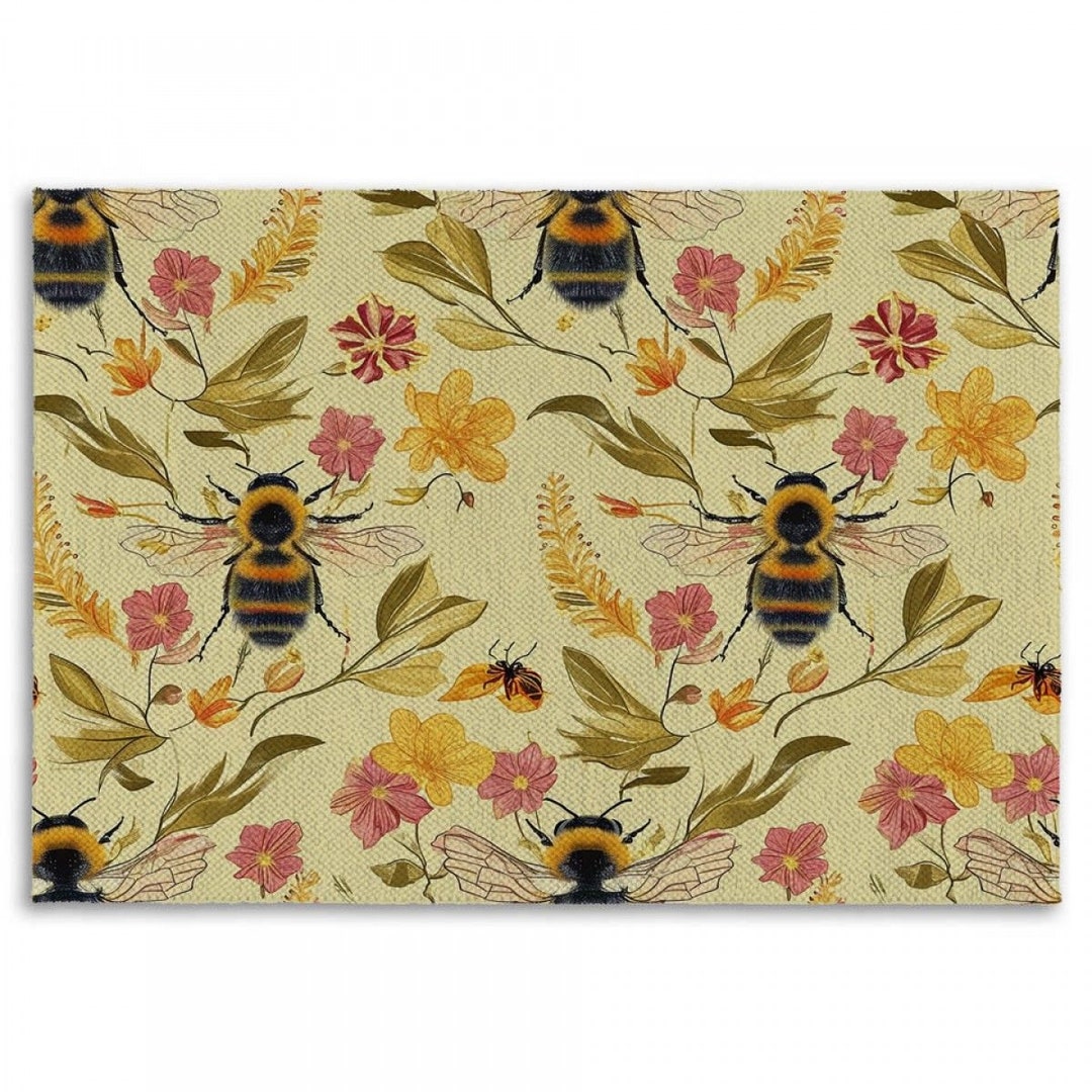 Bee Rugs Garden Flowers and Bees Area Rug Yellow and Pink Area Rugs