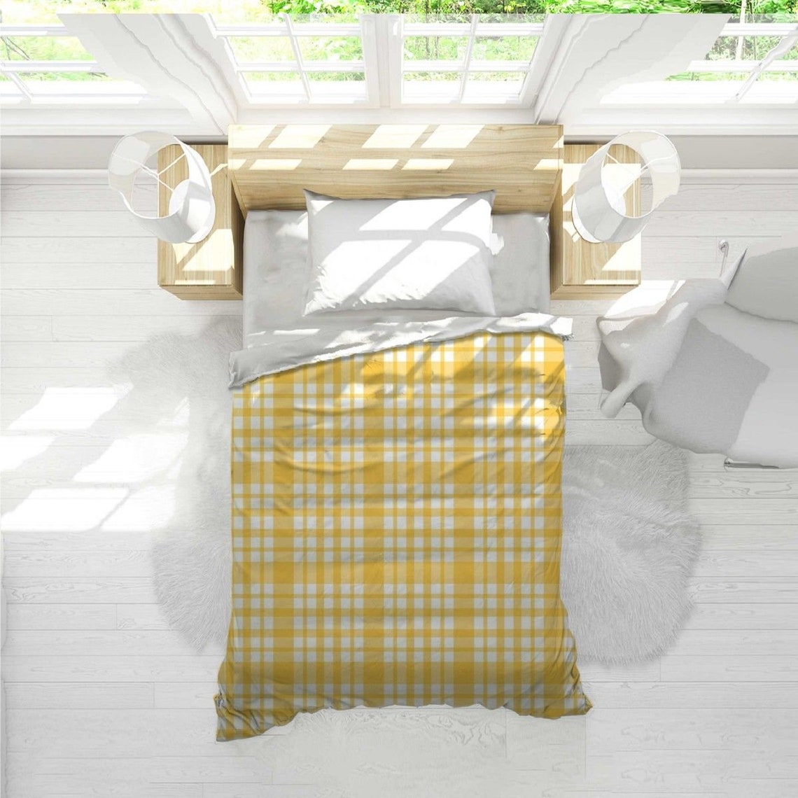Bright Yellow And White Check Bedding Yellow Checkered Etsy
