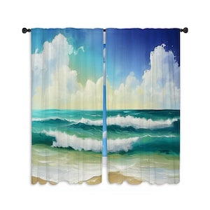 Beach Curtains  Ocean Waves Drapes  Blue And Yellow Window Curtains  Coastal Drapery Panels Tropical Valance