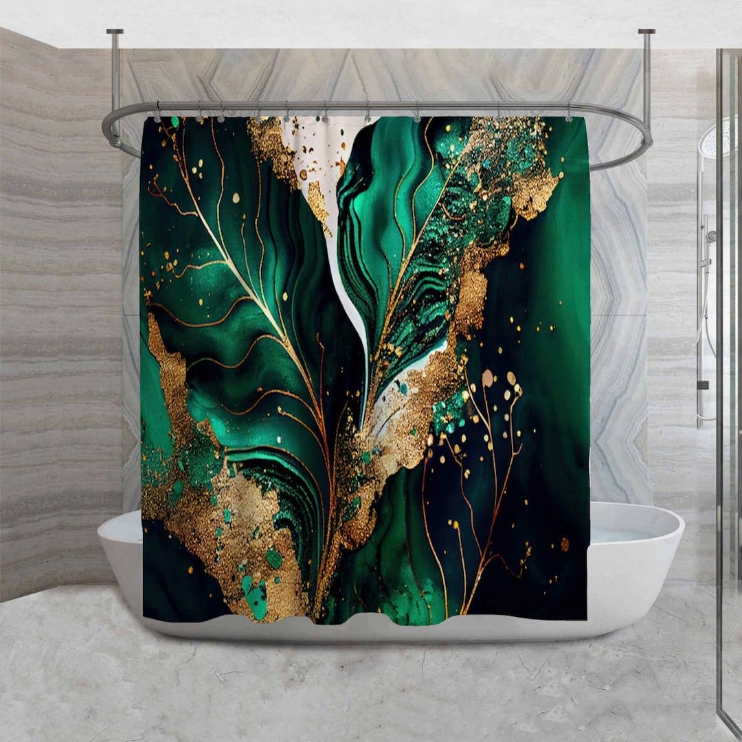Emerald Green Shower Curtains Marble Leaf Shower Curtain Matte Etsy