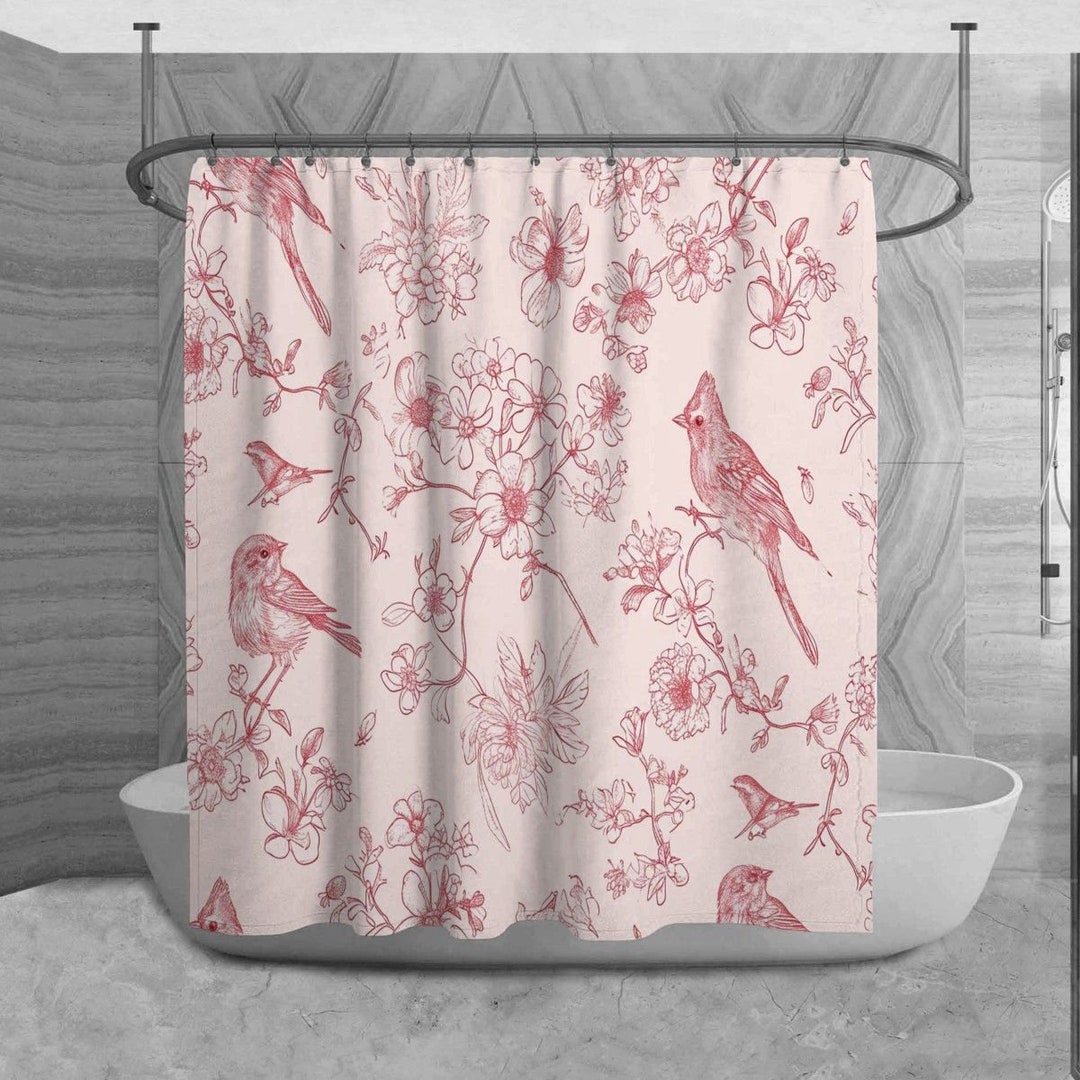 Pink Toile Shower Curtain Floral Bath Curtain Mini Floral Pattern