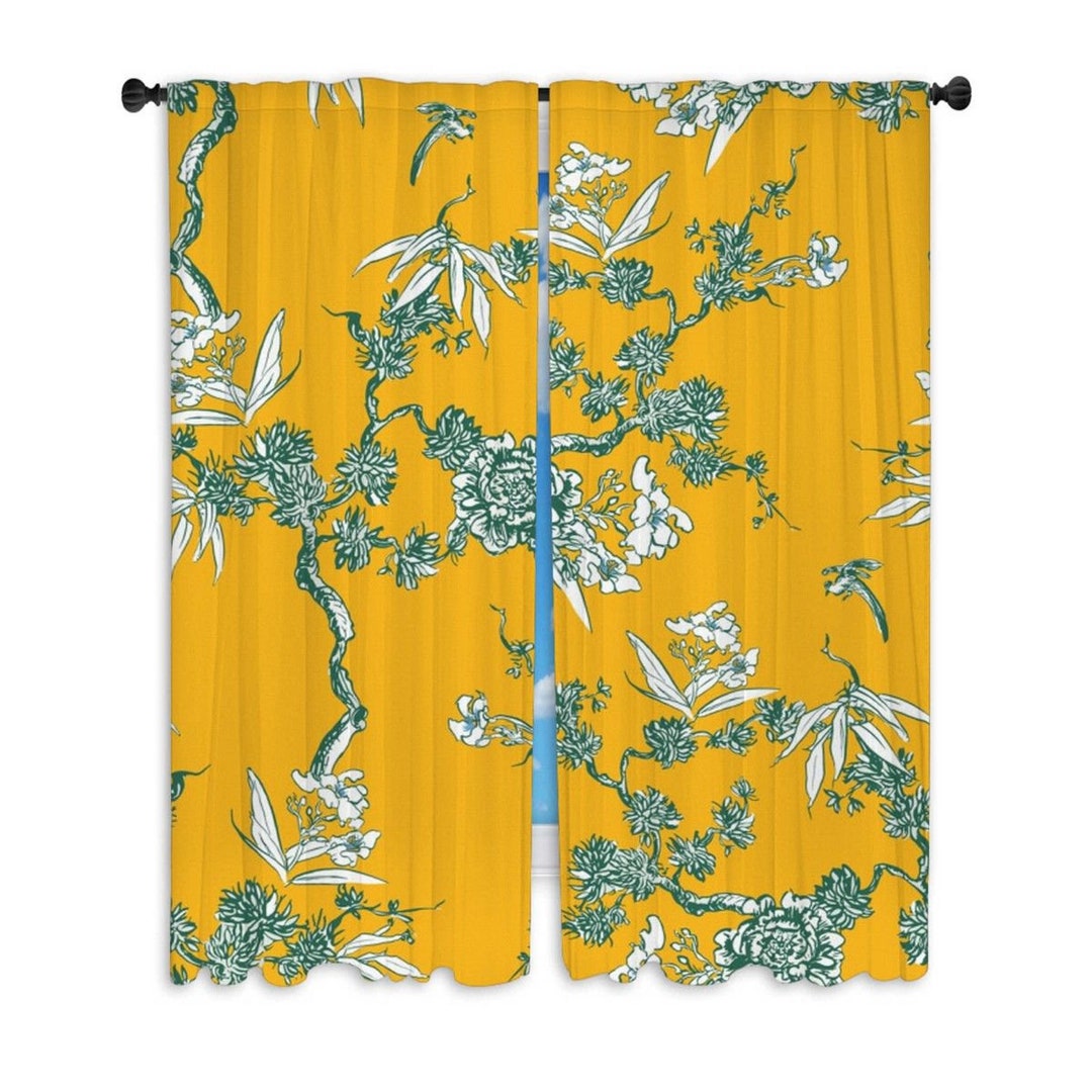 Chinoiserie Toile Curtain Panel Yellow Floral Window Curtains Etsy